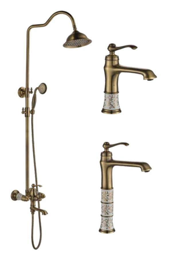 Victoria Porselen Desenli Kare Başlıklı Antik Lavabo + Eviye Mutfak + Duş Seti - Image 1
