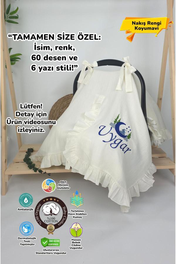 Gros Shop Müslin Yeni Doğan 4Katlı Organik %100Pamuk Kişiye Özgü Nakışlı Hastane Çıkış Seti (Kurt Model-2) - Image 1