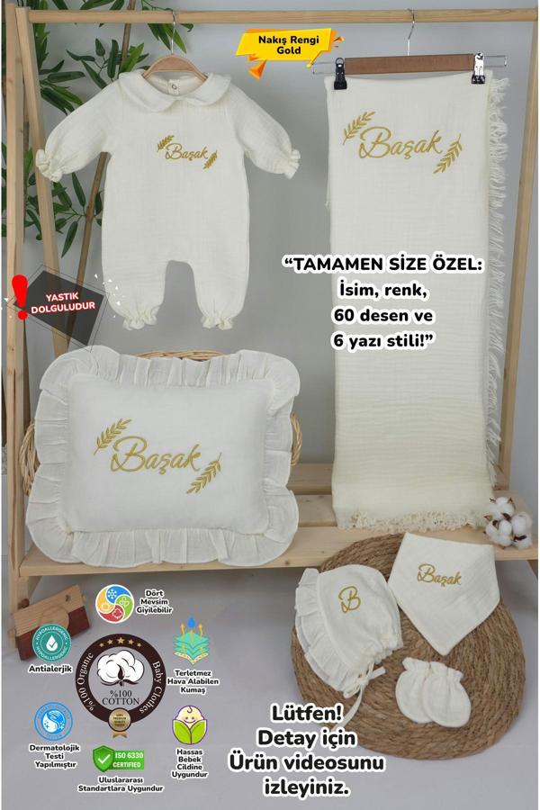 Gros Shop Müslin Yeni Doğan 4Katlı Organik %100Pamuk Kişiye Özgü Nakışlı Hastane Çıkış Seti-Başak Model - Image 1