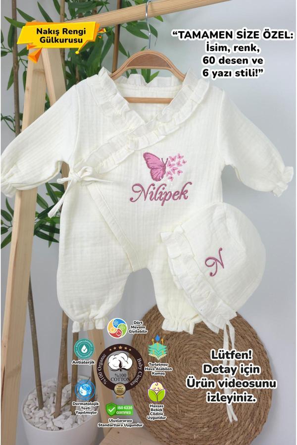 Gros Shop Müslin Yeni Doğan 4Katlı Organik %100Pamuk Kişiye Özgü Nakışlı Hastane Çıkış Seti (Çoklu Kelebek-2) - Image 1