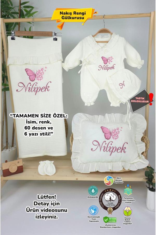 Gros Shop Müslin Yeni Doğan 4Katlı Organik %100Pamuk Kişiye Özgü Nakışlı Hastane Çıkış Seti (Çoklu Kelebek-2) - Image 1