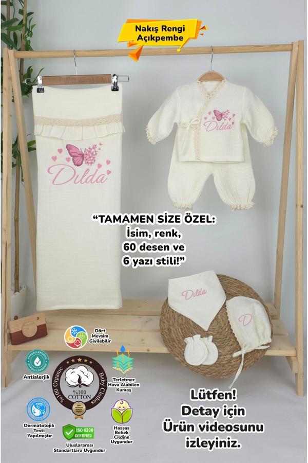 Gros Shop Müslin Yeni Doğan 4Katlı Organik %100Pamuk Kişiye Özgü Nakışlı Hastane Çıkış Seti (Çoklu Kelebek-3) - Image 1