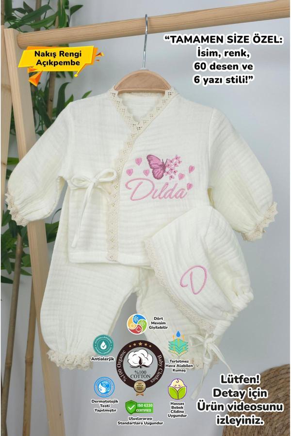 Gros Shop Müslin Yeni Doğan 4Katlı Organik %100Pamuk Kişiye Özgü Nakışlı Hastane Çıkış Seti (Çoklu Kelebek-3) - Image 1