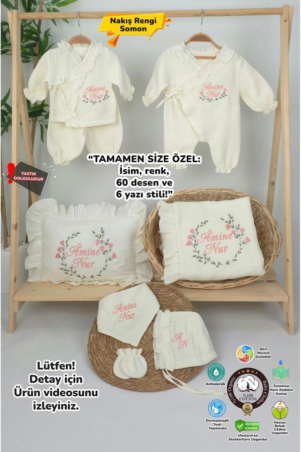 Gros Shop Müslin Yeni Doğan 4Katlı Organik %100Pamuk Kişiye Özgü Nakışlı Hastane Çıkış Seti (Çiçek Model-2) - Image 1