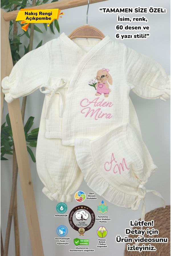 Gros Shop Müslin Yeni Doğan 4Katlı Organik %100Pamuk Kişiye Özgü Nakışlı Hastane Çıkış Seti (Tavşan Modell-2) - Image 1