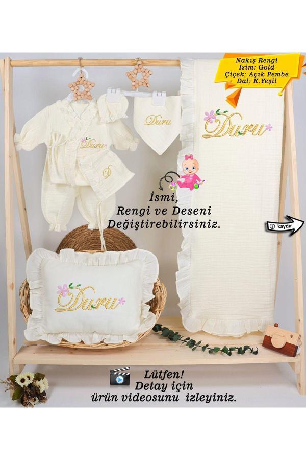 Gros Shop Yeni Doğan %100 Pamuk Müslin Hastane Çıkış Mevlüt Seti-Takı Yastık(Kişiye Özgü İsimli Nakış Desenli) - Image 1