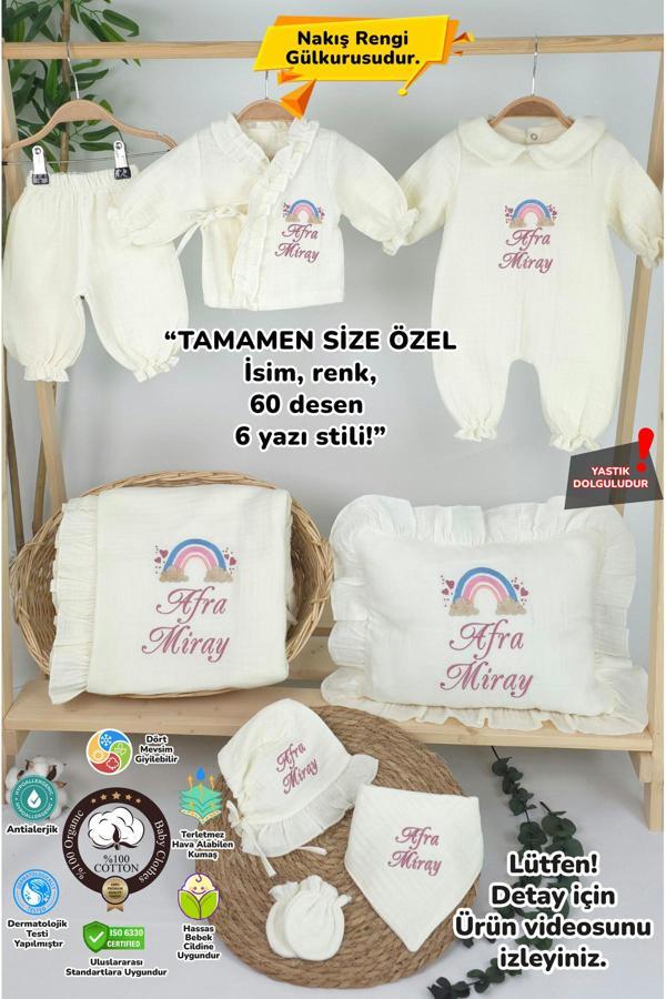 Gros Shop Müslin Yeni Doğan 4 Katlı Organik %100Pamuk Kişiye Özgü Nakışlı Hastane Çıkış Seti-Pudra Gökkuşağı - Image 1