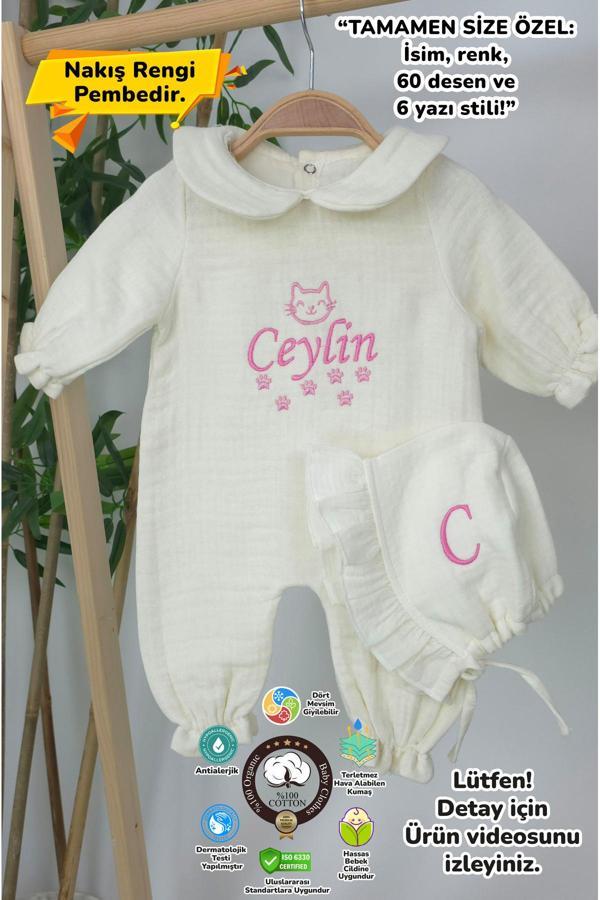 Gros Shop Müslin Yeni Doğan 4Katlı Organik %100Pamuk Kişiye Özgü Nakışlı Hastane Çıkış Seti (Kedi Patisi) - Image 1