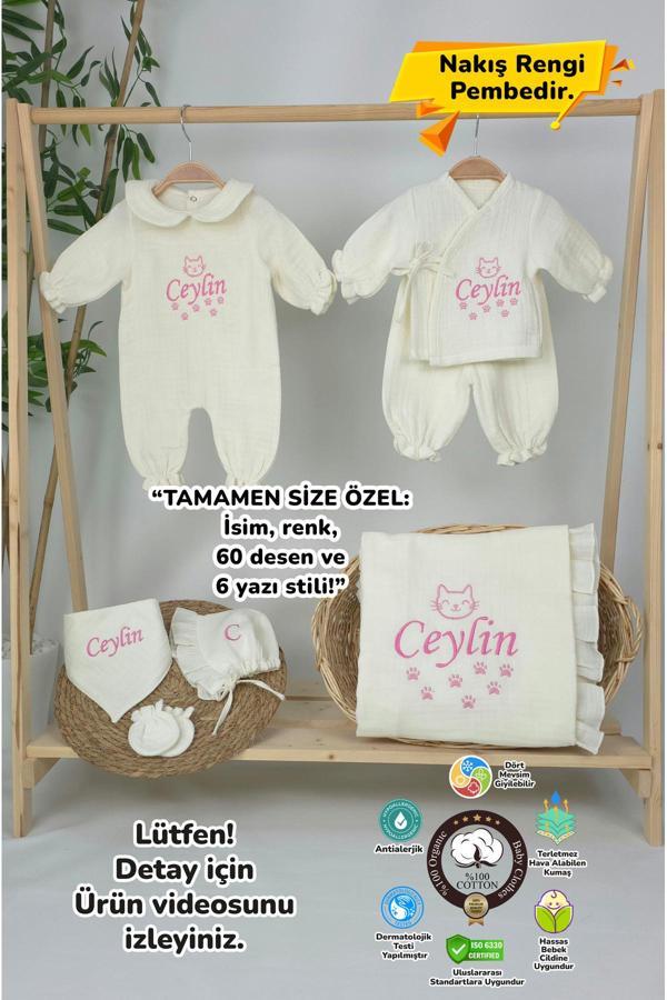 Gros Shop Müslin Yeni Doğan 4Katlı Organik %100Pamuk Kişiye Özgü Nakışlı Hastane Çıkış Seti (Kedi Patisi) - Image 1