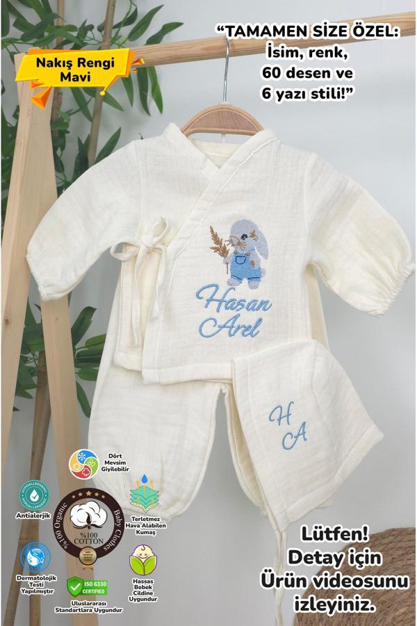 Gros Shop Müslin Yeni Doğan 4Katlı Organik %100Pamuk Kişiye Özgü Nakışlı Hastane Çıkış Seti (Tavşan Model-4) - Image 1