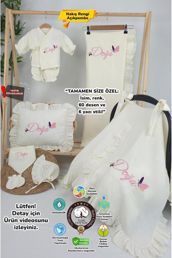 Gros Shop Müslin Yeni Doğan 4Katlı Organik %100Pamuk Kişiye Özgü Nakışlı Hastane Çıkış Seti (Kelebek Model-1) - Image 1
