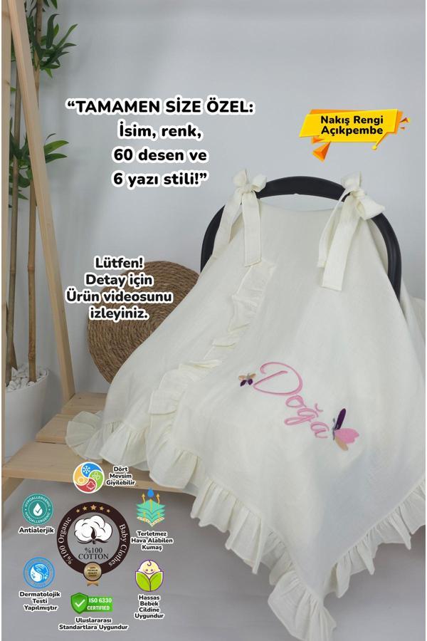 Gros Shop Müslin Yeni Doğan 4Katlı Organik %100Pamuk Kişiye Özgü Nakışlı Hastane Çıkış Seti (Kelebek Model-1) - Image 1