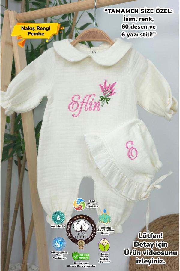 Gros Shop Müslin Yeni Doğan 4Katlı Organik %100Pamuk Kişiye Özgü Nakışlı Hastane Çıkış Seti (Lavanta Modeli) - Image 1