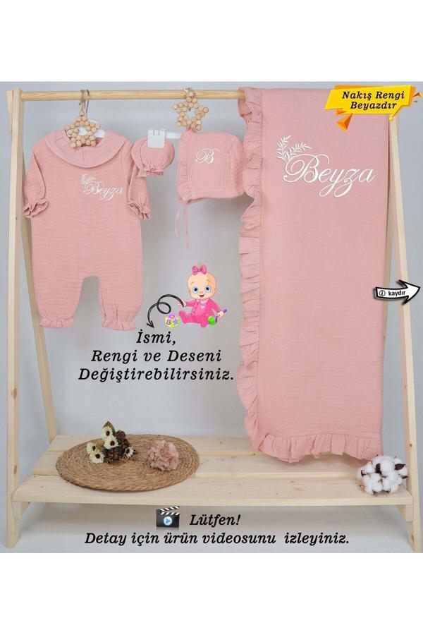 Gros Shop Yakalı Müslin Kumaş Hastane Çıkış Mevlüt Seti %100 Pamuk Organik (Kişiye Özgü İsimli Nakış Desenli) - Image 1