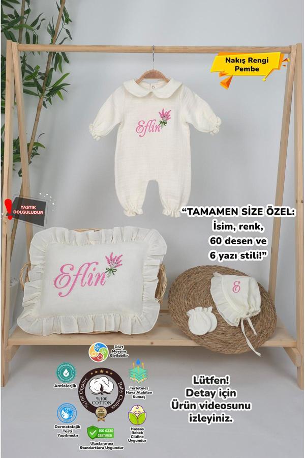 Gros Shop Müslin Yeni Doğan 4Katlı Organik %100Pamuk Kişiye Özgü Nakışlı Hastane Çıkış Seti (Lavanta Modeli) - Image 1