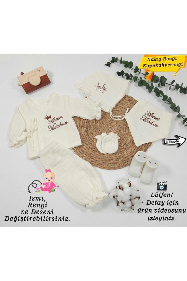 Gros Shop 4Katlı Müslin 6'Li Bağcıklı Tulum %100Pamuk Hastane Çıkışı-Hediyelik(Kişiyeözgü İsimli Nakışdesenli) - Image 1