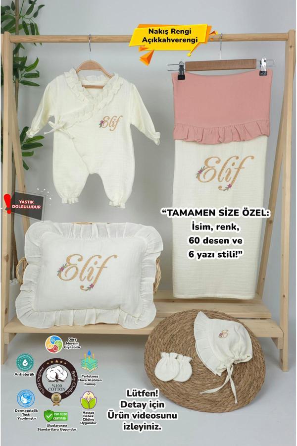 Gros Shop Müslin Yeni Doğan 4Katlı Organik %100Pamuk Kişiye Özgü Nakışlı Hastane Çıkış Seti (Papatya Model-7) - Image 1