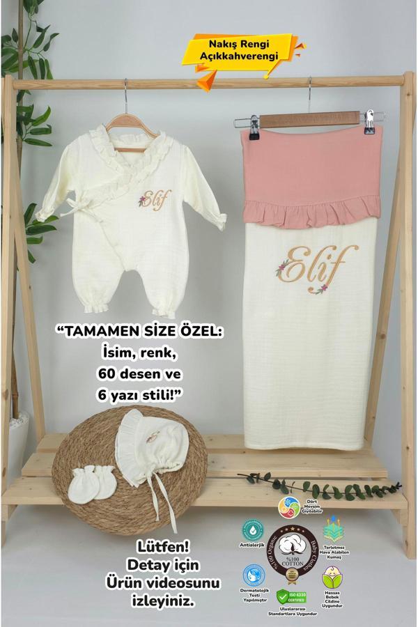 Gros Shop Müslin Yeni Doğan 4Katlı Organik %100Pamuk Kişiye Özgü Nakışlı Hastane Çıkış Seti (Papatya Model-7) - Image 1