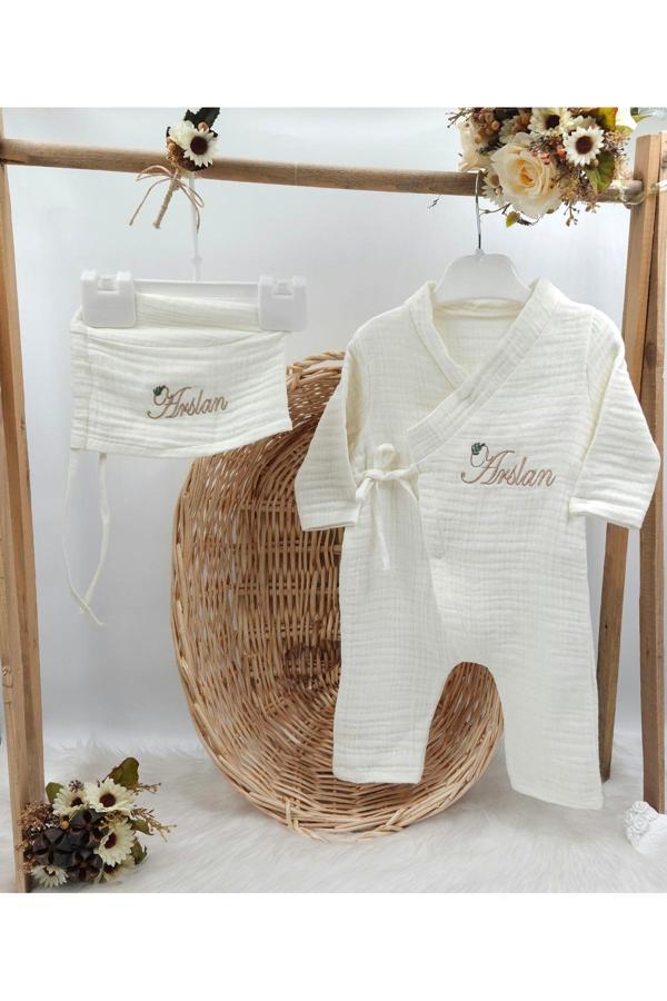 Gros Shop 4 Katlı Müslin 2'Li Kimono Bağcıklı Tulum %100 Pamuk Organik (Kişiye Özgü İsimli Nakış Desenli) - Image 1