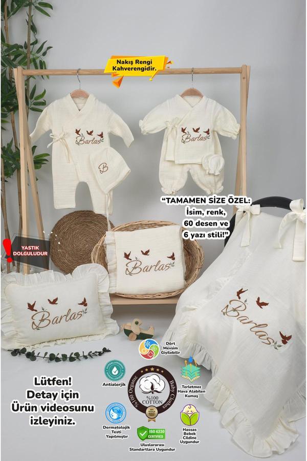 Gros Shop Müslin Yeni Doğan 4Katlı Organik %100Pamuk Kişiye Özgü Nakışlı Hastane Çıkış Seti(3'Lü Kelebk Model) - Image 1