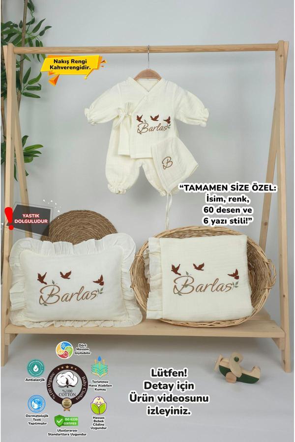 Gros Shop Müslin Yeni Doğan 4Katlı Organik %100Pamuk Kişiye Özgü Nakışlı Hastane Çıkış Seti(3'Lü Kelebk Model) - Image 1