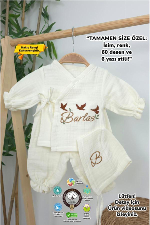 Gros Shop Müslin Yeni Doğan 4Katlı Organik %100Pamuk Kişiye Özgü Nakışlı Hastane Çıkış Seti(3'Lü Kelebk Model) - Image 1