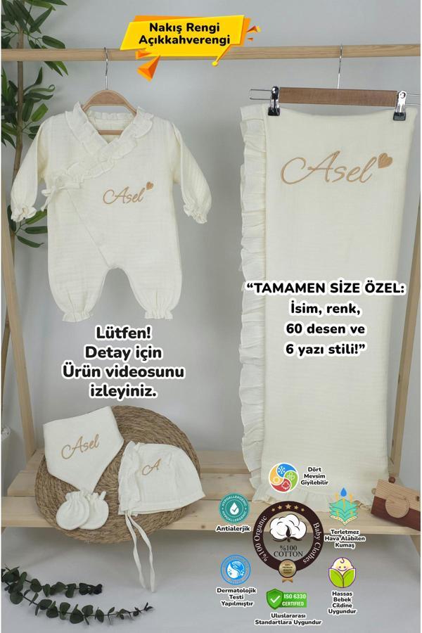 Gros Shop Müslin Yeni Doğan 4Katlı Organik %100Pamuk Kişiye Özgü Nakışlı Hastane Çıkış Seti-Kalpli - Image 1
