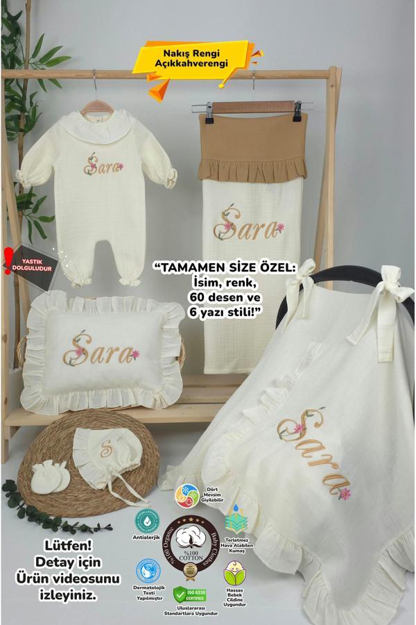 Gros Shop Müslin Yeni Doğan 4Katlı Organik %100Pamuk Kişiye Özgü Nakışlı Hastane Çıkış Seti (Papatya Model-13) - Image 1