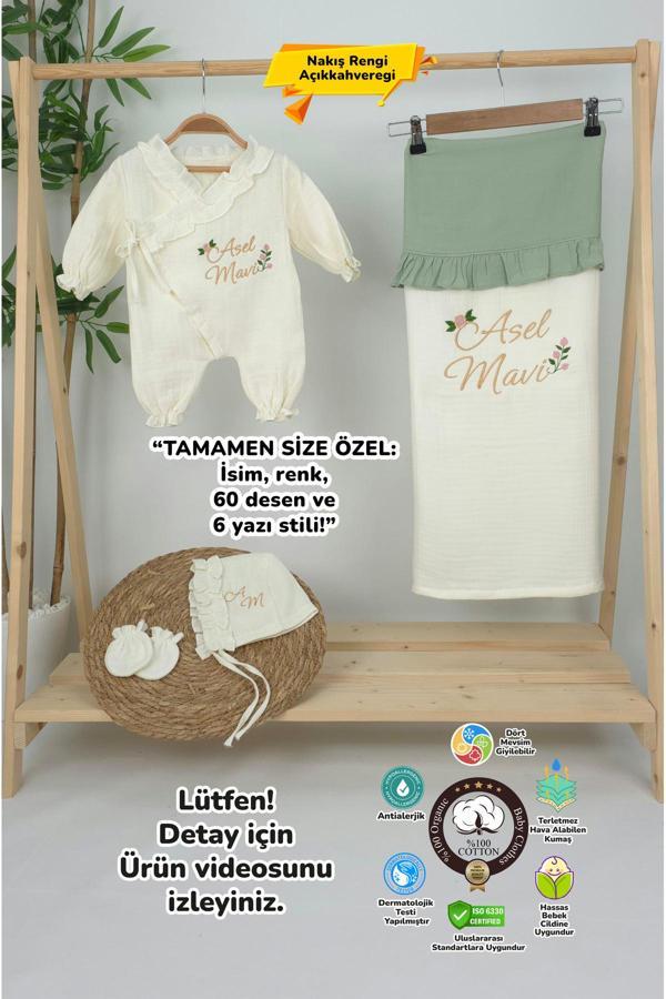 Gros Shop Müslin Yeni Doğan 4Katlı Organik %100Pamuk Kişiye Özgü Nakışlı Hastane Çıkış Seti (Güllü Model-5) - Image 1