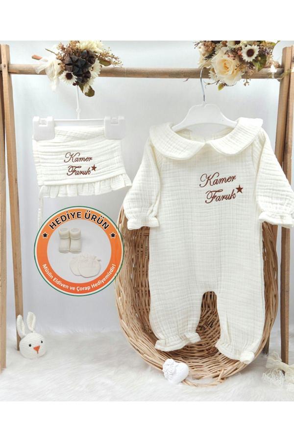 Gros Shop Yakalı Müslin 2'Li Hastane Çıkış Mevlüt Seti %100 Pamuk Organik (Kişiye Özgü İsimli Nakış Desenli) - Image 1