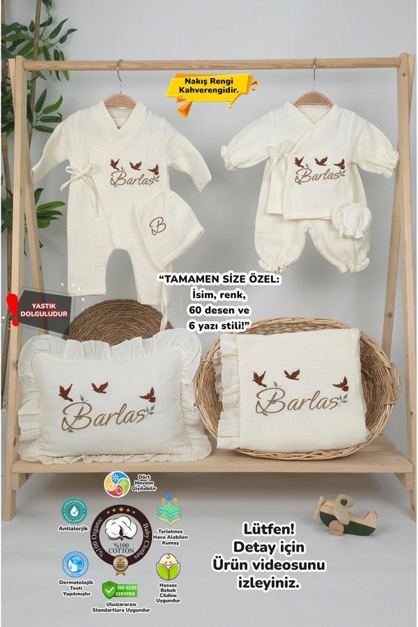 Gros Shop Müslin Yeni Doğan 4Katlı Organik %100Pamuk Kişiye Özgü Nakışlı Hastane Çıkış Seti(3'Lü Kelebk Model) - Image 1