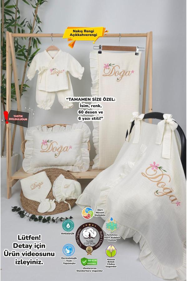 Gros Shop Müslin Yeni Doğan 4Katlı Organik %100Pamuk Kişiye Özgü Nakışlı Hastane Çıkış Seti(Çiçekli Model-1) - Image 1
