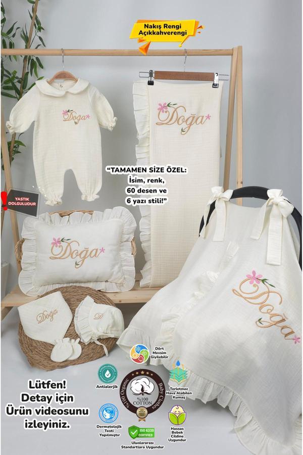 Gros Shop Müslin Yeni Doğan 4Katlı Organik %100Pamuk Kişiye Özgü Nakışlı Hastane Çıkış Seti(Çiçekli Model-1) - Image 1