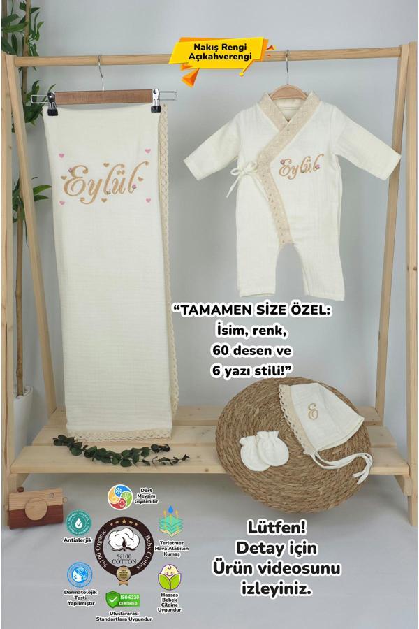 Gros Shop Müslin Yeni Doğan 4Katlı Organik %100Pamuk Kişiye Özgü Nakışlı Hastane Çıkış Seti (Kalpli Model-5) - Image 1