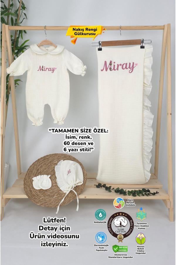 Gros Shop Müslin Yeni Doğan 4Katlı Organik %100Pamuk Kişiye Özgü Nakışlı Hastane Çıkış Seti (Papatya Model-12) - Image 1