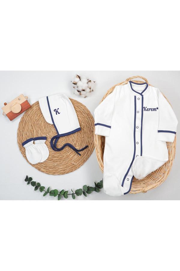 Gros Shop %100 Pamuk Organik 3'Lü Hastane Çıkış Tulum Seti (Kişiye Özgü İsimli Nakış Desenli) - Image 1