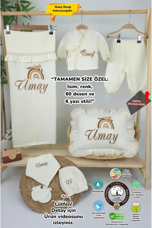 Gros Shop Müslin Yeni Doğan 4Katlı Organik %100Pamuk Kişiye Özgü Nakışlı Hastane Çıkış Seti(Gökkuşağı Model1) - Image 1