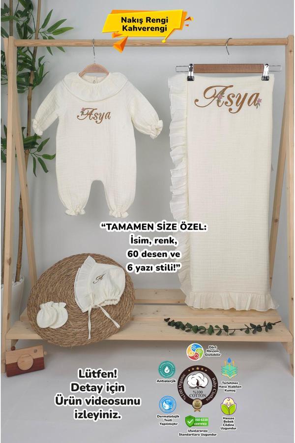 Gros Shop Müslin Yeni Doğan 4Katlı Organik %100Pamuk Kişiye Özgü Nakışlı Hastane Çıkış Seti(Papatya Model-4) - Image 1