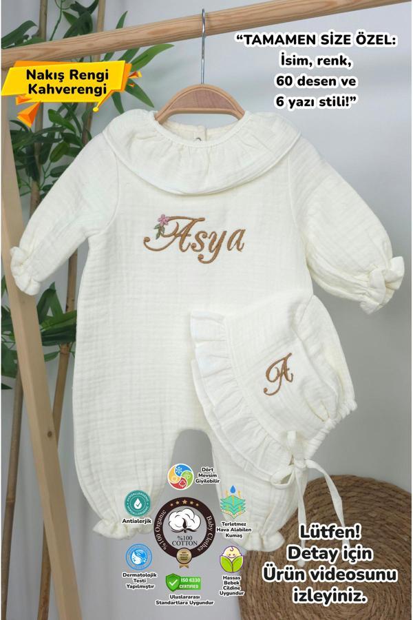 Gros Shop Müslin Yeni Doğan 4Katlı Organik %100Pamuk Kişiye Özgü Nakışlı Hastane Çıkış Seti(Papatya Model-4) - Image 1