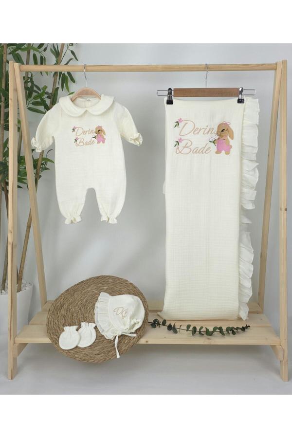 Gros Shop Müslin Yeni Doğan 4Katlı Organik %100Pamuk Kişiye Özgü Nakışlı Hastane Çıkış Seti(Tavşan Model-3) - Image 1