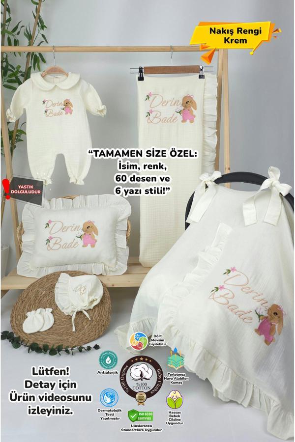 Gros Shop Müslin Yeni Doğan 4Katlı Organik %100Pamuk Kişiye Özgü Nakışlı Hastane Çıkış Seti(Tavşan Model-3) - Image 1