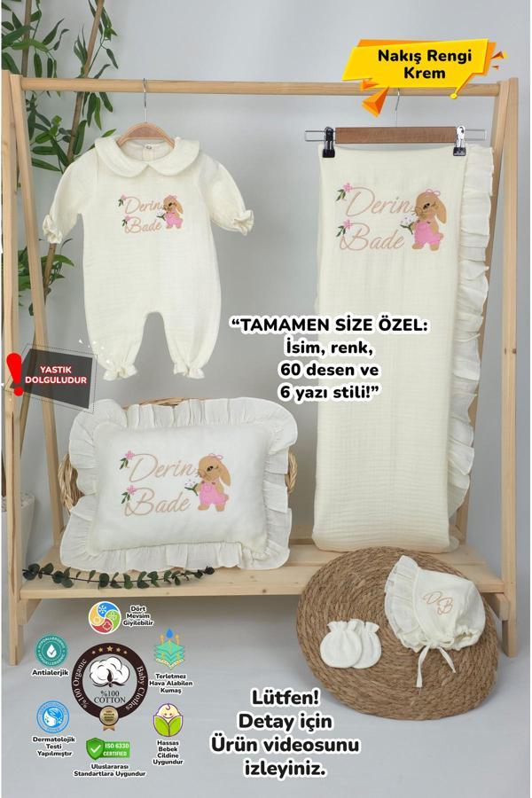 Gros Shop Müslin Yeni Doğan 4Katlı Organik %100Pamuk Kişiye Özgü Nakışlı Hastane Çıkış Seti(Tavşan Model-3) - Image 1