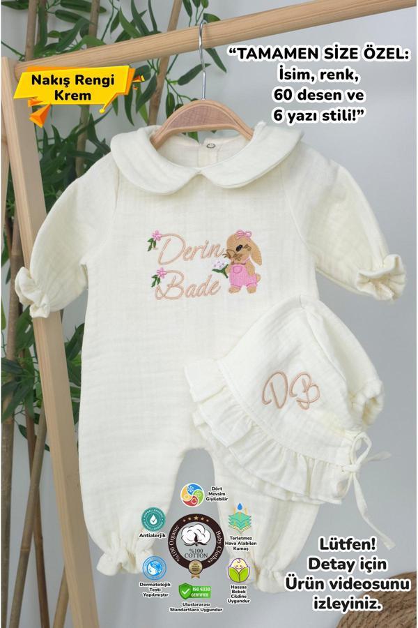 Gros Shop Müslin Yeni Doğan 4Katlı Organik %100Pamuk Kişiye Özgü Nakışlı Hastane Çıkış Seti(Tavşan Model-3) - Image 1