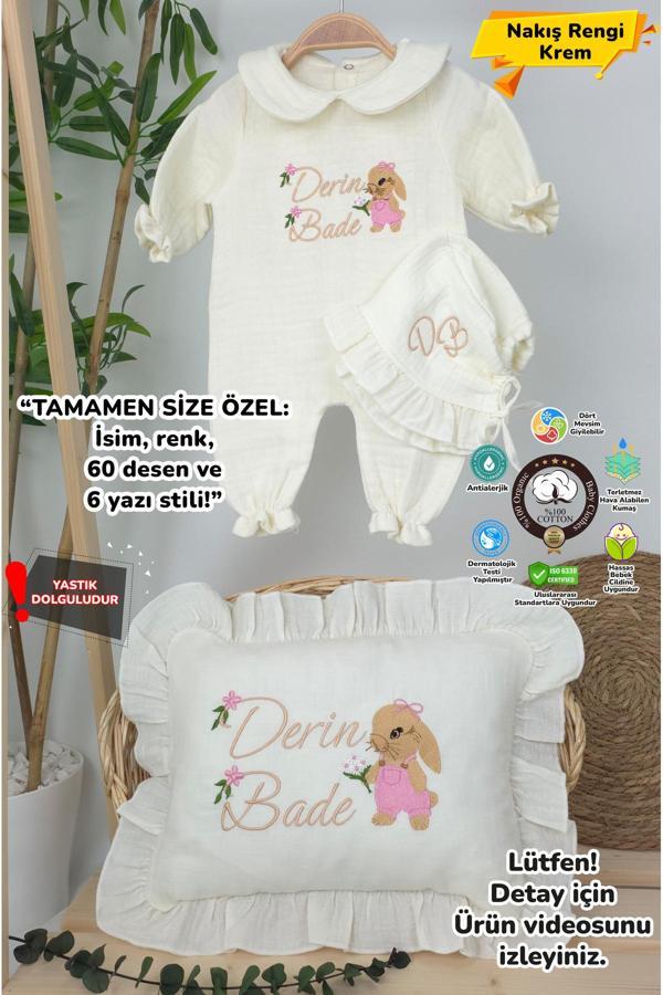 Gros Shop Müslin Yeni Doğan 4Katlı Organik %100Pamuk Kişiye Özgü Nakışlı Hastane Çıkış Seti(Tavşan Model-3) - Image 1