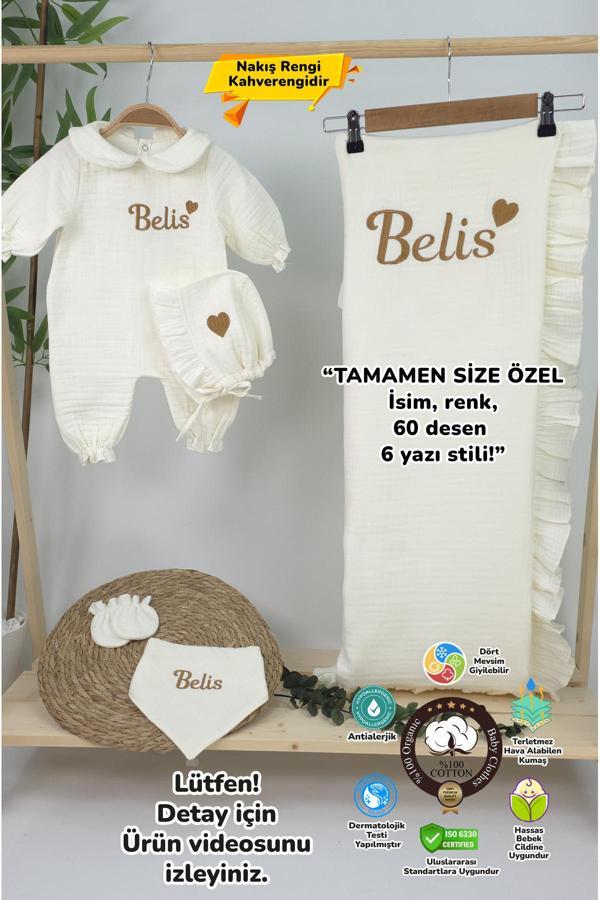 Gros Shop Müslin Yeni Doğan 4Katlı Organik %100Pamuk Kişiye Özgü Nakışlı Hastane Çıkış Seti-Kahverengi Kalpli - Image 1