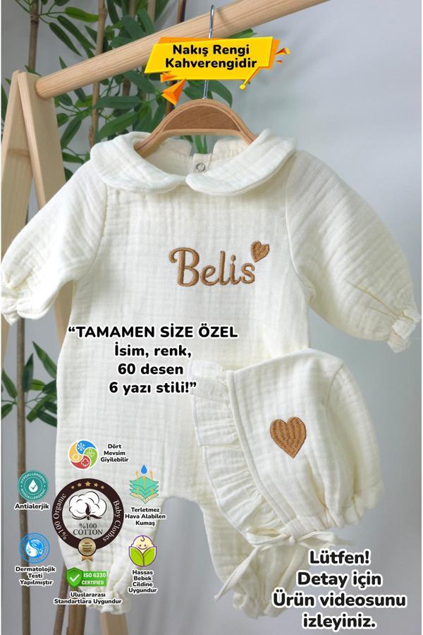 Gros Shop Müslin Yeni Doğan 4Katlı Organik %100Pamuk Kişiye Özgü Nakışlı Hastane Çıkış Seti-Kahverengi Kalpli - Image 1