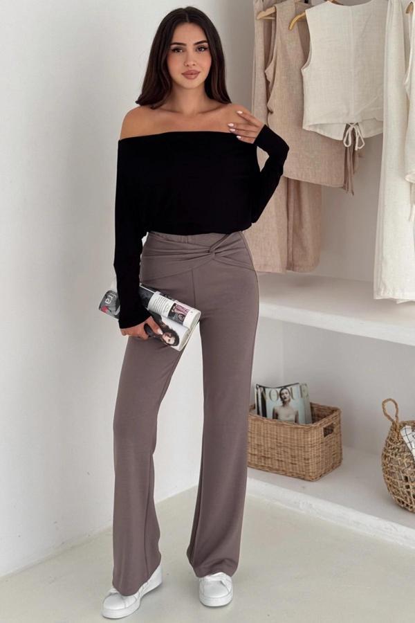 Bel Detaylı Geniş Paça Modal Pantolon - Image 1