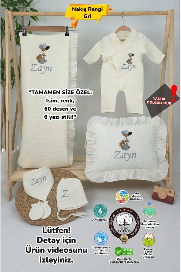 Gros Shop Müslin Yeni Doğan 4Katlı Organik %100Pamuk Kişiye Özgü Nakışlı Hastane Çıkış Seti (Balonlu Ayıcık-2) - Image 1