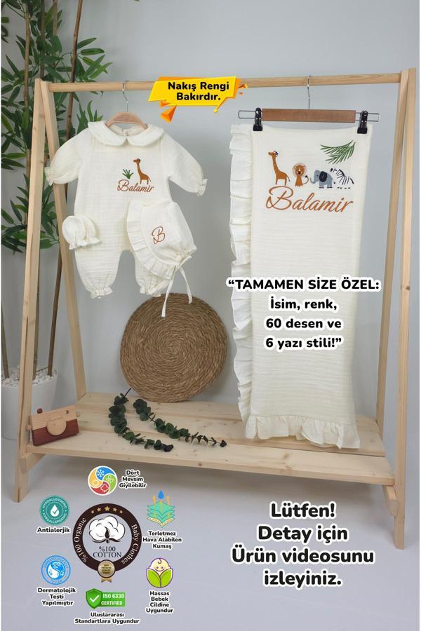 Gros Shop Müslin Yeni Doğan 4Katlı Organik %100Pamuk Kişiye Özgü Nakışlı Hastane Çıkış Seti-Safari Model - Image 1