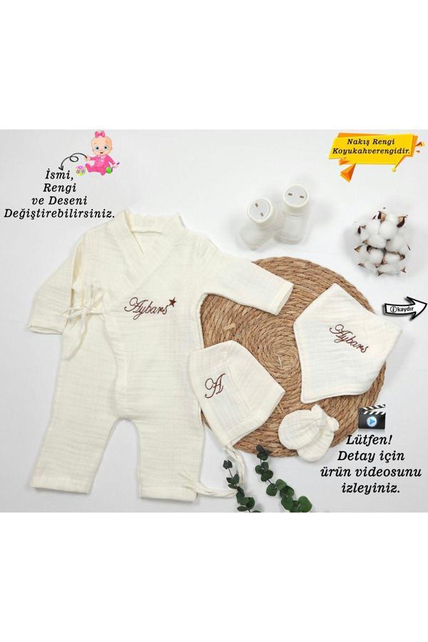Gros Shop %100 Pamuk 4Katlı Müslin Kumaş Bağcıklı Tulum - Hediyelik (Kişiye Özgü İsimli Nakış Desenli) - Image 1